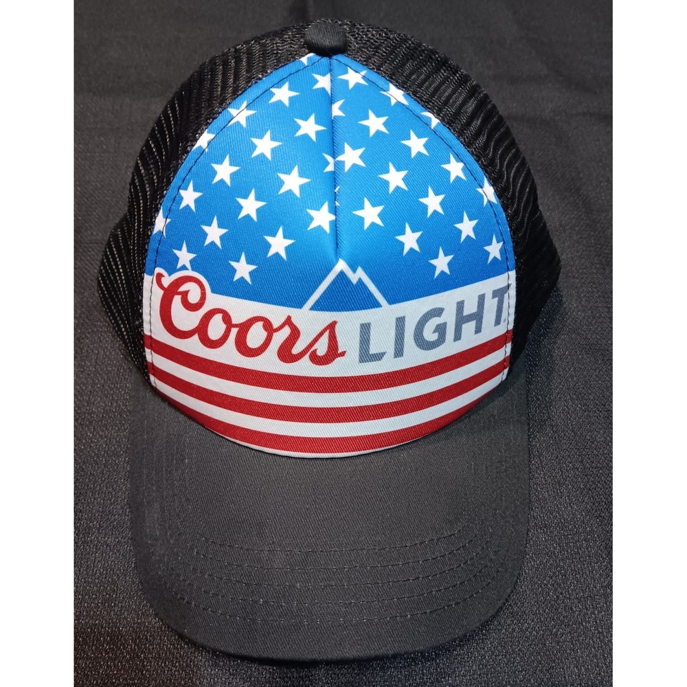 Coors Light Beer American Flag Trucker Hat Black Mesh Snapback USA Stars Stripes